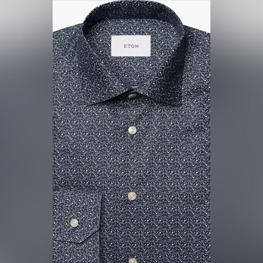 ETON NWT $280 Slim Fit Floral Cotton Dress Shirt 14/38 Navy CURRENT NORDSTROM